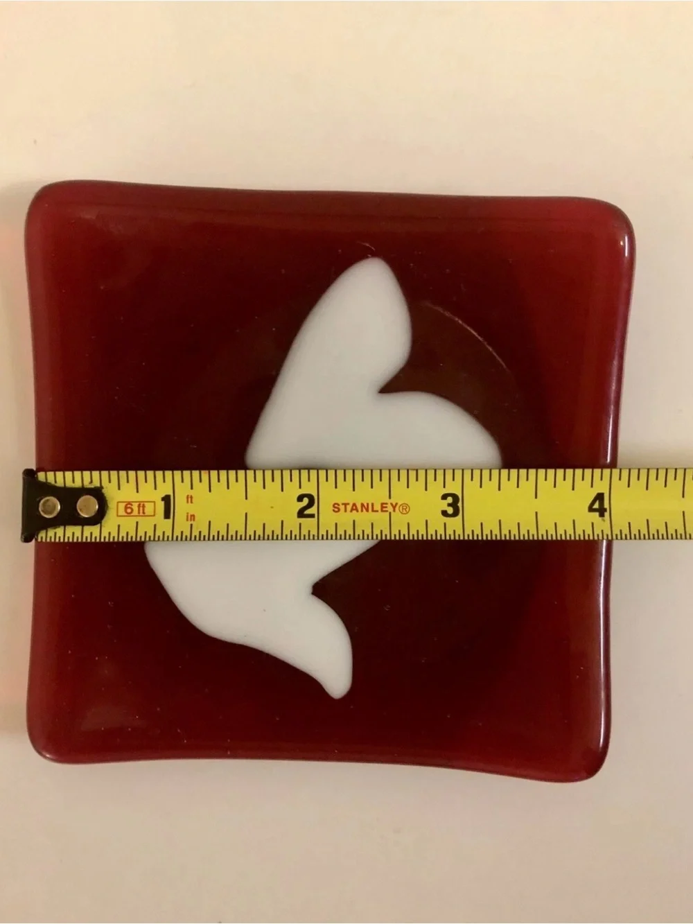 Red Fused Glass Trinket Dish with White Heart Accents